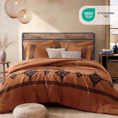 MaiRêve Burnt Orange Queen Embroidery Comforter Set 7 Pieces Bed in a Bag