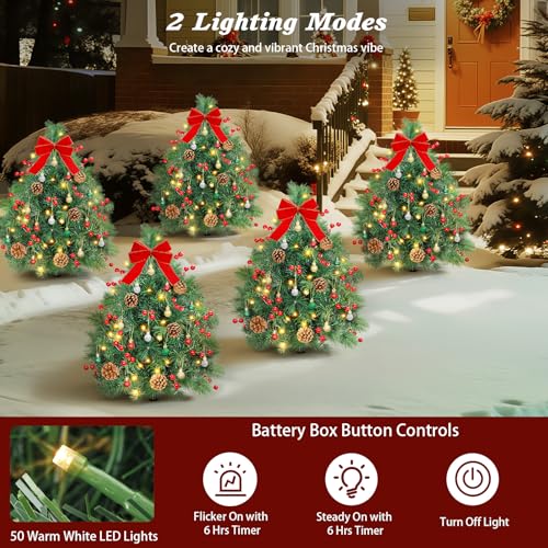 Lewondr Emerald Prelit Pathway Christmas Trees Set of 2, 27.56inch Outdoor Decor with LED Lights