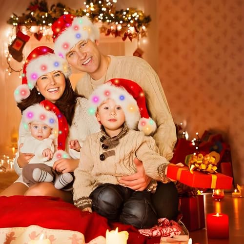 Light Up Christmas Santa Hat,Red Velvet Xmas Costume Hats for Adult Women Men Party Holiday Unisex New Year Festive Headwear