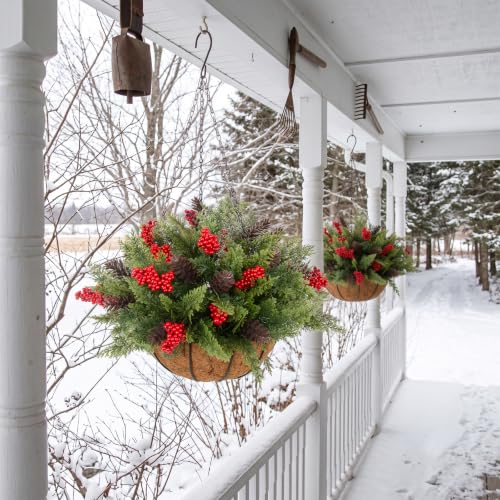 Daynight Artificial Christmas Cedar Pine Hanging Baskets Set with Red Berries & Pinecones - Outdoor Holiday Decor