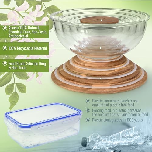 Dokaworld Dark Walnut Stackable Glass Mixing Bowls Set with Acacia Lids - 5 Sizes