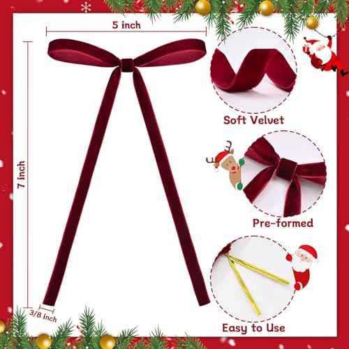 Yastouay 24 Pcs Burgundy Velvet Bows for Christmas Tree, 5 x 7 Inch Christmas Tree Bows, Velvet Christmas Bows for Wreath Gifts Garland Fireplace Candlestick Party DIY Home Decor