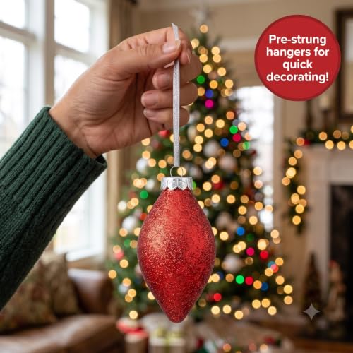 Sleetly 12-Pack Teardrop Christmas Ornaments 4in Red & Green Finials – Gold Lattice/Scroll/Swirl/Glitter
