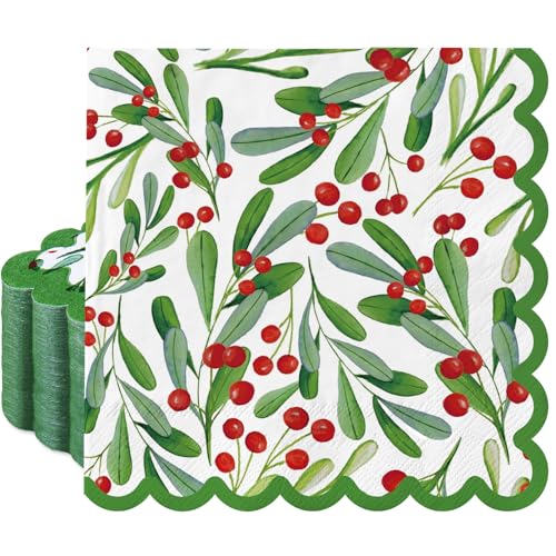 100Pcs Christmas Holly Berry Cocktail Napkins - Disposable Holiday Party Decor