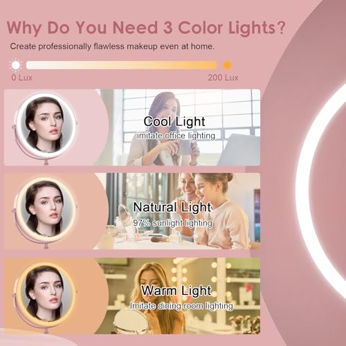 Pink Rechargeable LED Makeup Mirror with 3 Lights, 10X Magnification