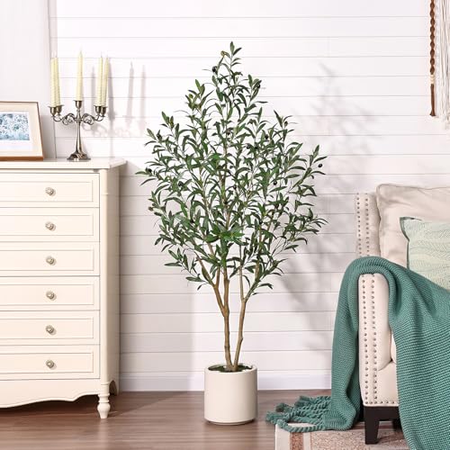 Artificial Olive Tree with LED Spotlights - 5ft Indoor Faux Plant with Rustic Wood Trunk & Remote Control