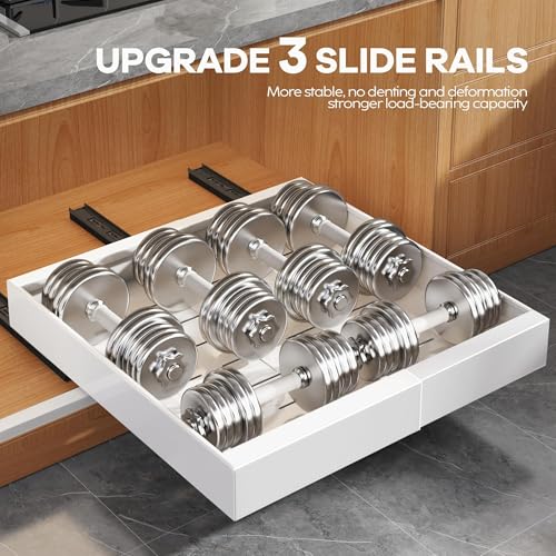 Expandable Pull-Out Cabinet Organizer with 3 Sliding Rails, Adjustable Width 12.2-20.4 inches, White