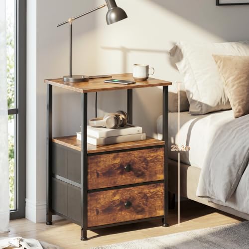 LOAKEKEL Rustic Brown Nightstands Set of 2 with Charging Station - Modern Bedside Tables