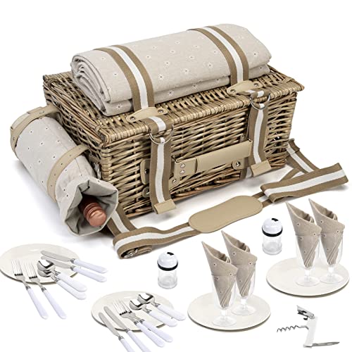 Grey 31-Piece Picnic Basket Set for 4 with Insulated Cooler, Waterproof Blanket & Wine Pouch