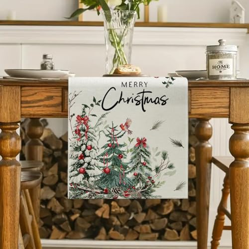 Christmas Tree Cardinal Table Runner 13x72 Inch Holiday Kitchen Decor