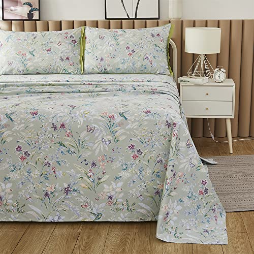 ABREEZE Full Butterfly Floral 4-Piece Egyptian Cotton Bedding Set with Pillowcases