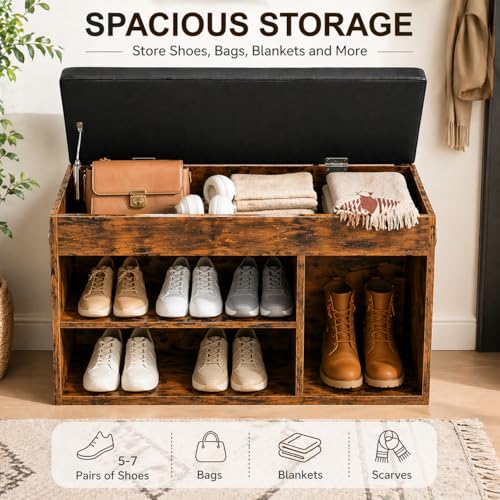 Entryway Shoe Storage Bench with Cushion - Rustic Brown & Black, 32.3"