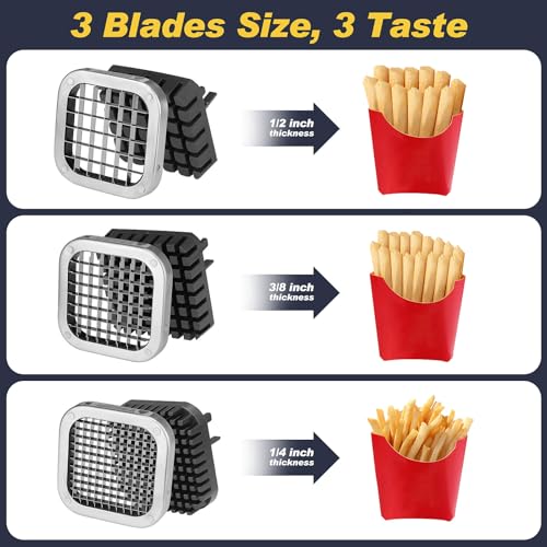 French Fry Cutter 3-Piece Set with 1/2 In, 3/8 In & 1/4 In Stainless Steel Blades - Professional Potato Slicer for Whole Potatoes, Carrots & Cucumbers - Variation: 1/2 In & 3/8 In & 1/4 In Blade