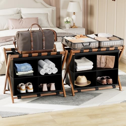Walnut Bamboo Luggage Rack 2 Pack with 4 Storage Compartments – Foldable Suitcase Stand for Guest Room, 150lbs Capacity