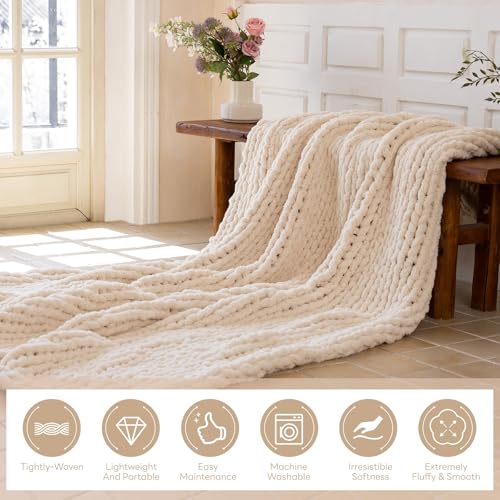Chunky Knit Throw Blanket for Couch 40x50 Inches Cream - Handwoven Chenille Warm Blanket