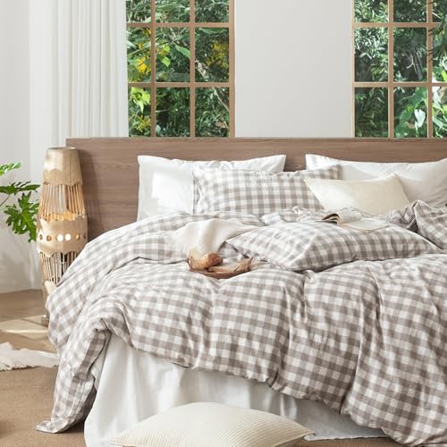 Buffalo Plaid Tannish Linen Grey Gingham Duvet Cover Set Queen - MooMee