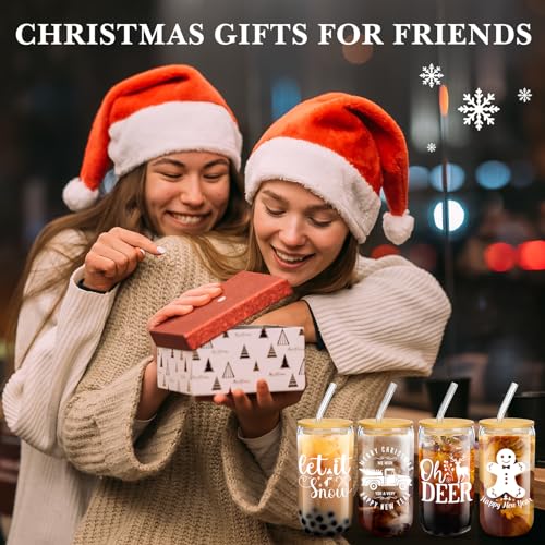 Umigy 8-Pack 16oz Christmas Glass Cups with Lids and Straws