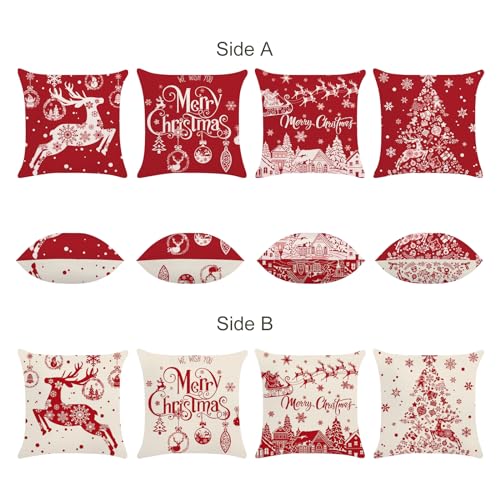 Bonhause Red Christmas 18x18 Inch Pillow Covers Set of 4 – Reindeer & Snowflake Holiday Cushion Covers (Hidden Zipper)