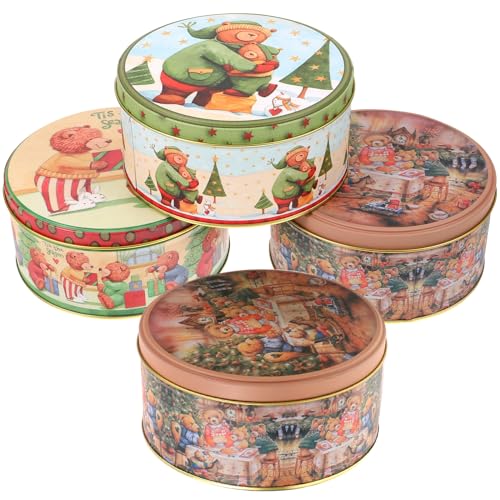 Set of 4 Christmas Cookie Tins with Lids - Holiday Metal Cookie Jars with Bear & Snowman Designs