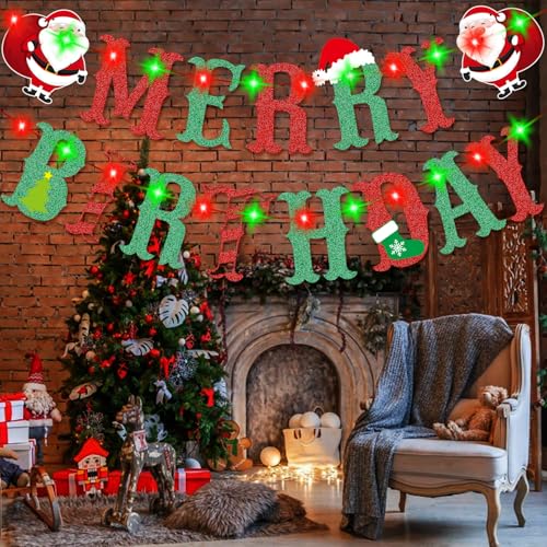 Christmas Birthday Party Banner with Lights - Merry Christmas & Birthday Decorations