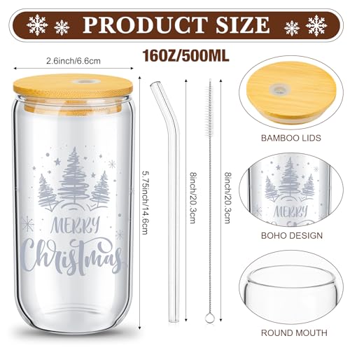 Umigy 8-Pack 16oz Christmas Glass Cups with Lids and Straws