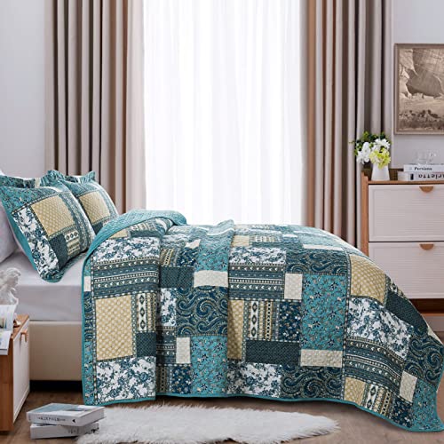 Bedifany Dreamland Blue King Quilt Set - 100% Cotton Cover + Filling, Lightweight All-Season 3-Piece