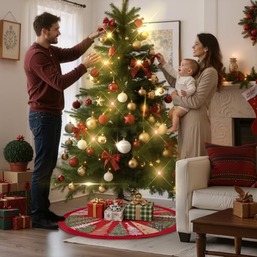 Lanpn 18 Inch Christmas Tree Skirt Velvet Red, 45cm Round Xmas Dust-Proof Mat for Small Artificial Trees