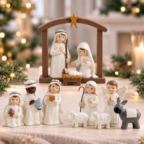 S/12 Nativity Set - Cream Resin Holy Family Christmas Figurines Collection