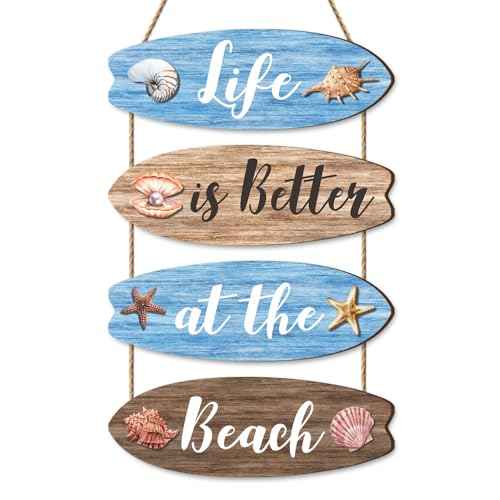 4pcs Beach Bathroom Wall Decor, Blue Wooden Surfboard Coastal Hanging Plaques Inspirational Quote Signs Ornaments for Bedroom Living Room 11.4x3.9 in