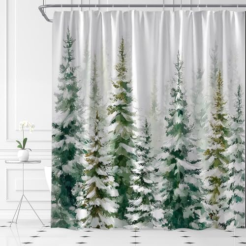 UEAUUN Winter Snowy Forest Shower Curtain Christmas Pine Tree 70x70 Inch Green White