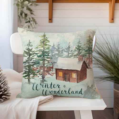 PANDICORN Winter Pillow Covers 18x18 Set of 4 Reindeer Sleigh Christmas Tree Forest Deer Xmas Winter Wonderland Decorations Outdoor Christmas Holiday Throw Pillow Cases for Sofa Couch Home Decor