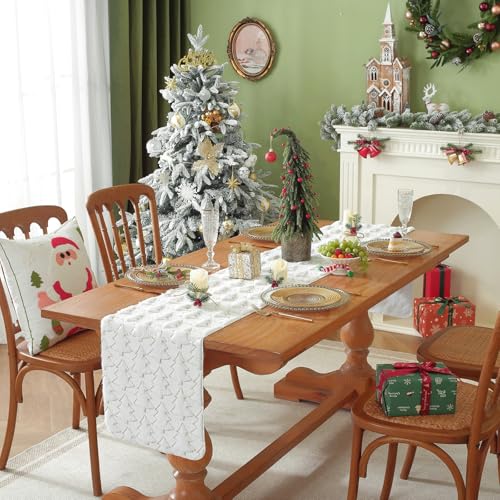 Christmas Tree Table Runner, 90 Inches Long Plush Gold Sequin Glitter Table Runners for Dining/Parties/Holiday Decorations (White, 13" x 90", Table Runner)