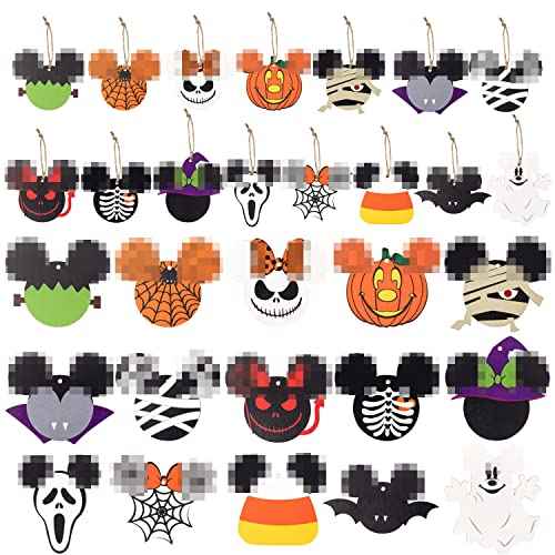 46PCS Halloween Mouse Wooden Hanging Ornament Decoration, Mouse Wooden Slices with Ropes for Halloween Party, Hanging Ornament for Holiday Tree, Ghost Hanging Tags for Party Supplies