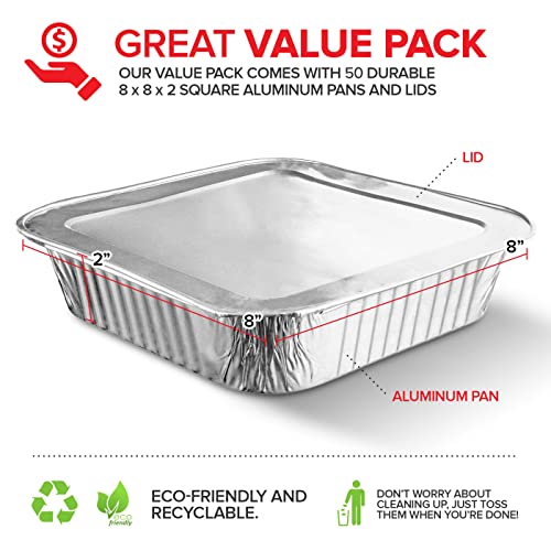 Disposable 8-Inch Square Aluminum Foil Pans with Lids - 50 Pack