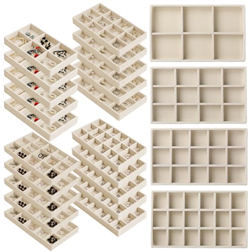 BHUWRY Beige Velvet Jewelry Organizer Trays 24 Pack Stackable Drawer Inserts
