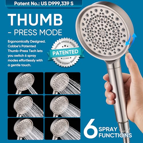 Cobbe Brushed Nickel Filtered Handheld Shower Head with Water Softener, 6 Spray Modes
