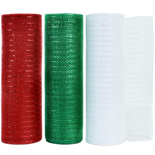 TONIFUL Red White Green Decorative Mesh Ribbon Rolls 10 Yards, 3 Pack for Christmas Wreaths & Party Decor