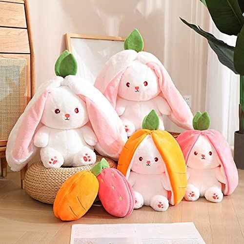 2PCS Plush Toy Pillow, Reversible Carrot Strawberry Bunny Plush with Zipper, Easter Bunny Stuffed Animal Cute Rabbit Plushie Birthday Gift for Boys Girls Kids (2pcs 7" Strawberry&Carrot)