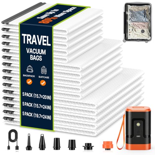 Orange Travel Vacuum Bags with Rechargeable Pump – Portable 4000mAh Sealer Kit