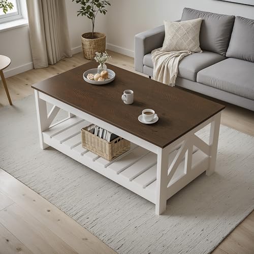 YESHOMY Farmhouse Coffee Table with Storage - Brown & White, Rectangular