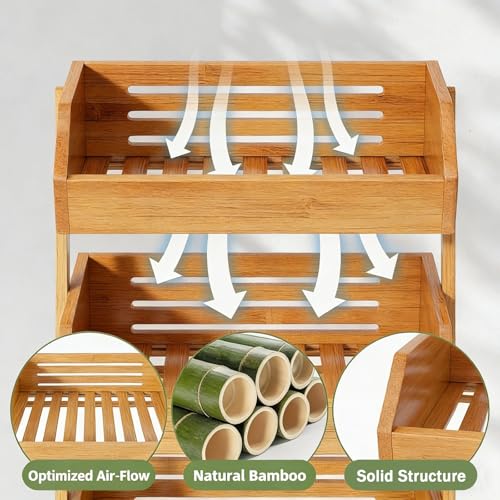 3-Tier Fruit & Vegetable Basket Organizer - Natural Bamboo Kitchen Storage with Removable Banana Hooks