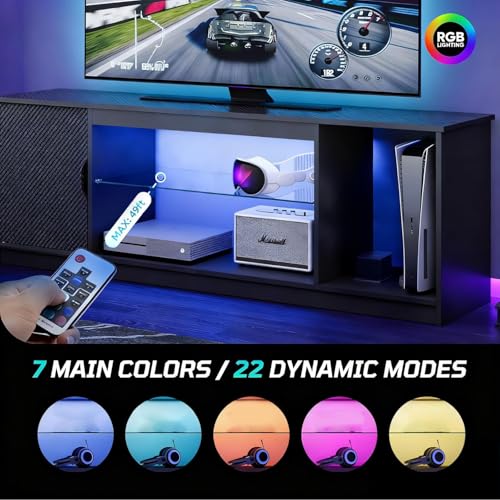 Bestier 57-Inch Black Carbon Fiber LED TV Stand with RGB Lighting & Adjustable Shelves