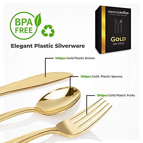 Gold Disposable Cutlery Set - 300-Pack Heavy Duty Plastic Forks, Knives, Spoons for Parties & Events - Variation of THIS listing
