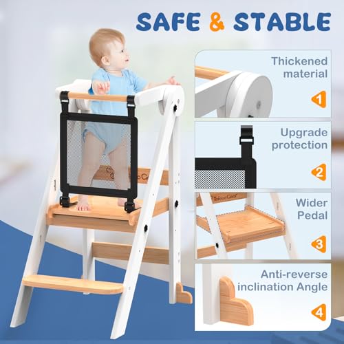 Doerpuz White Foldable Toddler Kitchen Tower with 3 Adjustable Heights
