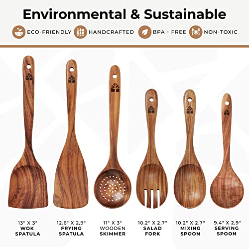 Wooden Spoons for Cooking - 6 Piece Teak Kitchen Utensil Set