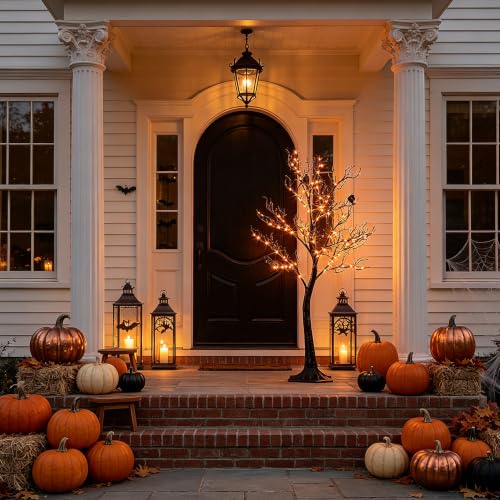 Black Halloween Tree with Lights - 4ft Spooky Indoor Outdoor Decor with 150 Orange Fairy Lights - Variation: Black 150L Tree