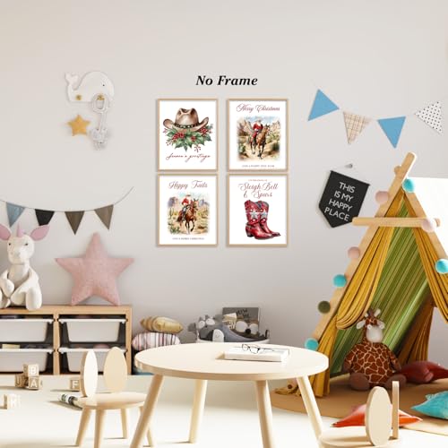 Western Santa Wall Art Prints Set of 4 - Cowboy Cowgirl Holiday Decor, Unframed 8x10