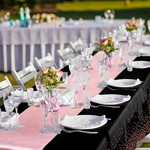 Tudomro Black and Rose Gold Plastic Tablecloths & Satin Runner Set - 16 Pack for Weddings & Parties