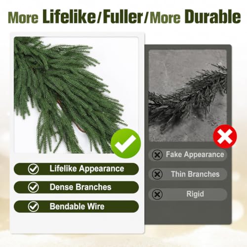 FHLSA 9Ft Norfolk Pine Artificial Garland with 150 Tips, Full & Lush Christmas Decor