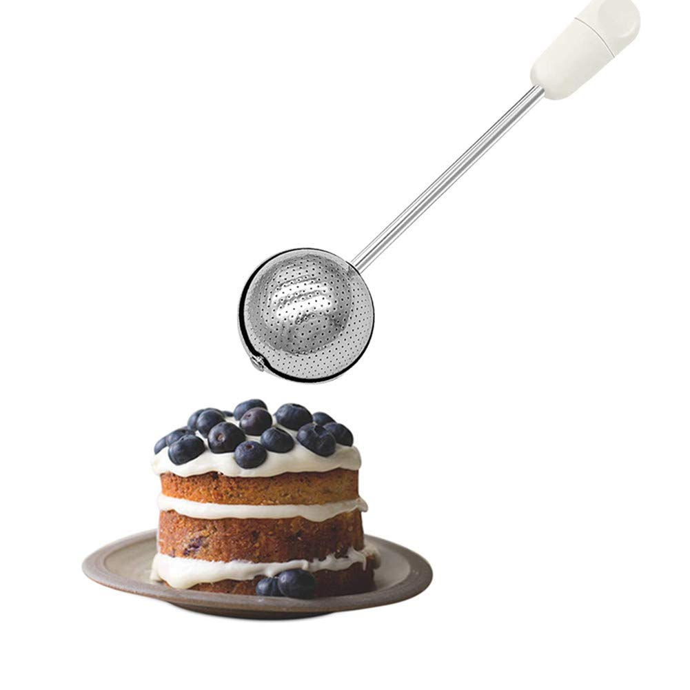 Sugar Shaker Duster Wand for Flour and Spices, Stainless Steel Spoon Powder Sugar Duster, Rotating Tea Filter, Easy One-handed Operation (White)